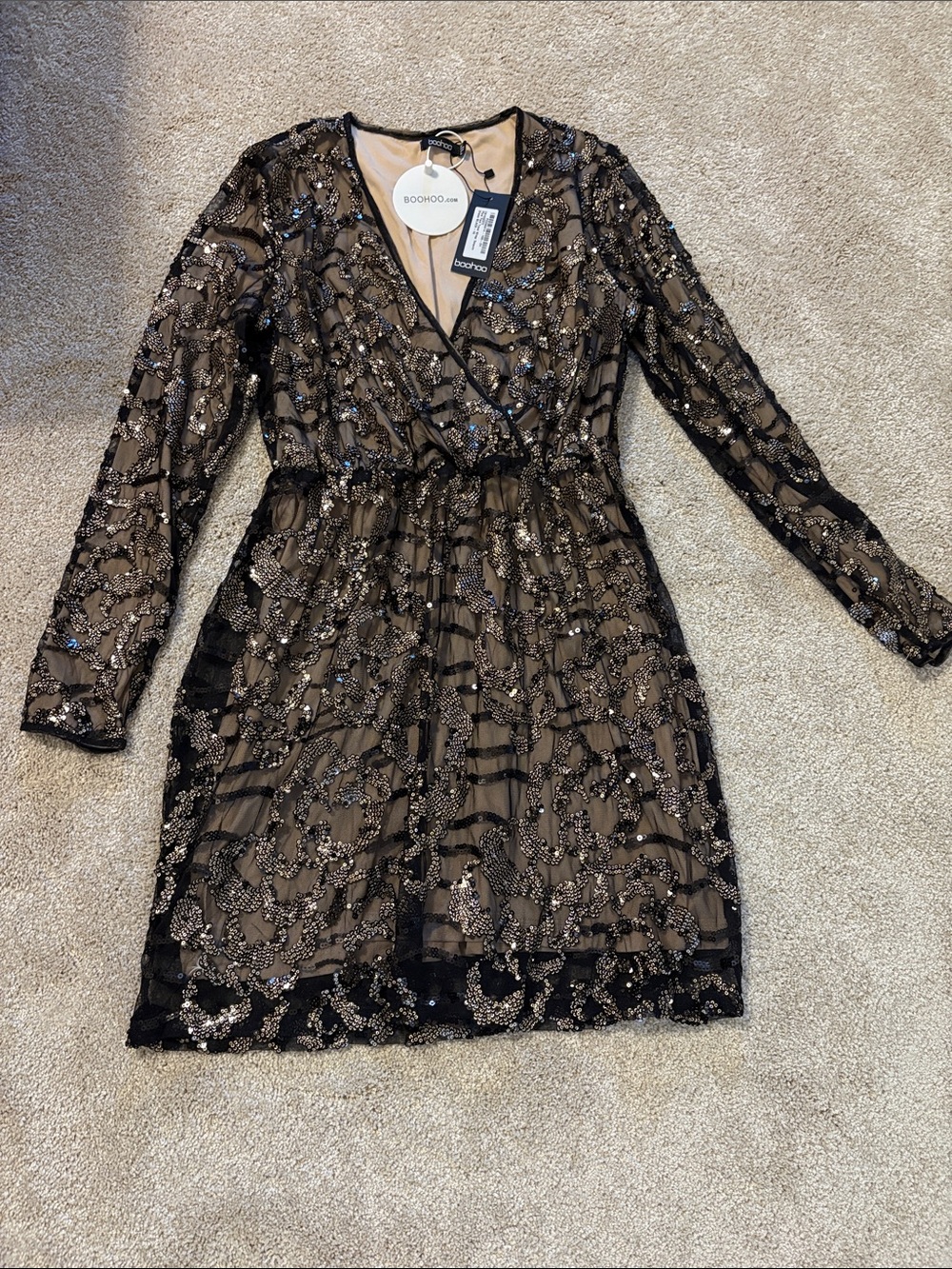 Boohoo Black Sequin Embellished Long Sleeve Wrap Dress